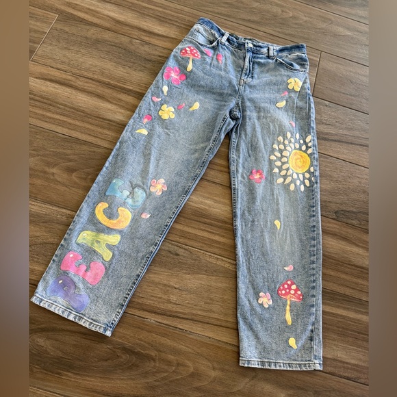 Wild Fable Jeans Peace Mushroom Painted Hippie Boho. Med Wash. Wmn’s 6 - Picture 6 of 11